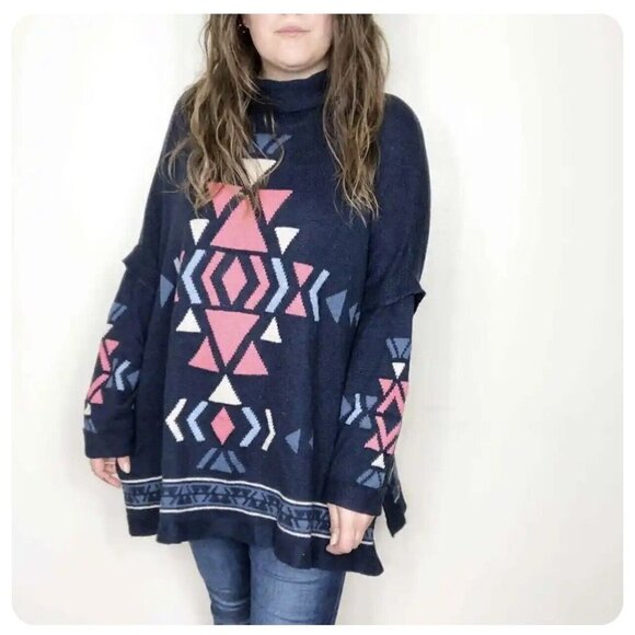 J. Jill Navy Aztec Oversized Long Sleeve Sweater Turkey Neck Boxy Size Petite M - Picture 1 of 7